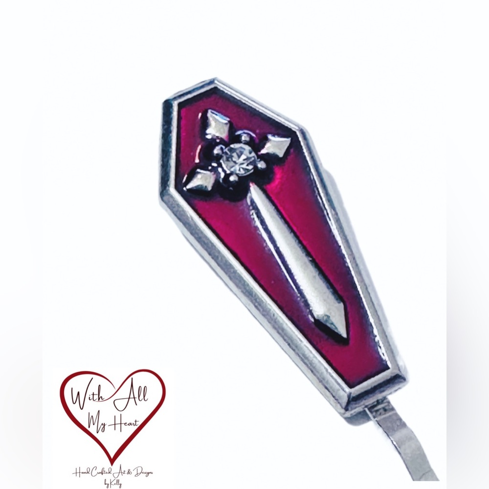 Halloween*Goth Girl Hair Pins- Handmade Deep Red Coffin/Silver Accents- 2 Pins